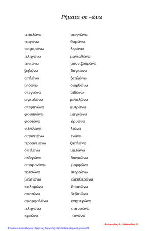 Ρήματα σε –ώνω
μπαλώνω στεγνώνω
παγώνω θυμώνω
καμαρώνω λερώνω
πληγώνω μανταλώνω
τεντώνω μουντζουρώνω
ξηλώνω δαγκώνω
απλώνω ξαπλώνω
βιδώνω διορθώνω
στεγνώνω βιδώνω
αγκυλώνω μεγαλώνω
στεφανώνω φυτρώνω
φουσκώνω μαγκώνω
φορτώνω κρυώνω
κλειδώνω λιώνω
απογειώνω ενώνω
προσγειώνω ξαπλώνω
διπλώνω μαλώνω
σιδερώνω διογκώνω
απομονώνω μορφώνω
τελειώνω στερεώνω
βελτιώνω ελευθερώνω
χαλαρώνω δικαιώνω
σκοτώνω βεβαιώνω
σκαρφαλώνω ενημερώνω
πληγώνω σταυρώνω
χρεώνω τονώνω
Αντωναίος Δ. - Μόσιαλου Ε.
Επιμέλεια επανάληψης: Χρήστος Χαρμπής http://kritiria.blogspot.gr σελ.20
 