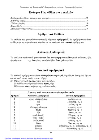 Γραμματική και Συντακτικό Γ’ Δημοτικού ανά ενότητα - Παρασκευή Αντωνίου
44
ΕΕννόόττηητταα 1111ηη:: ««ΌΌλλοοιι μμιιαα ααγγκκααλλιιάά»»
Αριθμητικά επίθετα: απόλυτα και τακτικά...............................................................44
Αντίθετες λέξεις.......................................................................................................15
Σύνθετες λέξεις........................................................................................................16
Αρκτικόλεξα ............................................................................................................27
Επαυξημένες προτάσεις...........................................................................................33
ΑΑρριιθθμμηηττιικκάά ΕΕππίίθθεετταα
Τα επίθετα που φανερώνουν αριθμούς λέγονται αριθμητικά. Τα αριθμητικά επίθετα
ανάλογα με τη σημασία τους χωρίζονται σε απόλυτα και τακτικά αριθμητικά.
ΑΑππόόλλυυτταα ΑΑρριιθθμμηηττιικκάά
Τα απόλυτα αριθμητικά φανερώνουν ένα συγκεκριμένο πλήθος από πρόσωπα, ζώα
ή πράγματα. πχ: δύο γάτες, επτά μολύβια, δεκατρία τετράδια
ΤΤαακκττιικκάά ΑΑρριιθθμμηηττιικκάά
Τα τακτικά αριθμητικά επίθετα φανερώνουν τη σειρά, δηλαδή τη θέση που έχει το
ουσιαστικό για το οποίο γίνεται λόγος.
πχ: Ο Γιάννης ήρθε πρώτος στον αγώνα στίβου.
Το βιβλίο που ψάχνεις είναι στο τρίτο ράφι.
Μένω στον πέμπτο όροφο της πολυκατοικίας.
Πίνακας απόλυτων και τακτικών αριθμητικών
Αριθμοί Απόλυτα Αριθμητικά Τακτικά Αριθμητικά
1
2
3
4
5
6
7
8
9
10
11
12
ένας, μία (μια), ένα
δύο
τρία
τέσσερις, τέσσερα
πέντε
έξι
εφτά, (επτά)
οχτώ (οκτώ)
εννέα, εννιά
δέκα
έντεκα
δώδεκα
πρώτος, -η, -ο
δεύτερος, -η, -ο
τρίτος, -η, -ο
τέταρτος, -η, -ο
πέμπτος, -η, -ο
έκτος, -η, -ο
έβδομος, -η, -ο
όγδοος, -η, -ο
ένατος, -η, -ο
δέκατος, -η, -ο
ενδέκατος,-η, -ο / εντέκατος,-η, -ο
δωδέκατος, -η, -ο
Επιμέλεια επανάληψης: Χρήστος Χαρμπής http://kritiria.blogspot.gr σελ.4
 