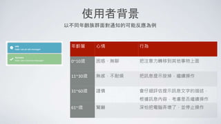 使用者背景
年齡層 心情 行為
0~10歲 困惑、無聊 把注意力轉移到其他事物上面
11~30歲 無感，不耐煩 把訊息提示按掉，繼續操作
31~60歲 謹慎 會仔細評估提示訊息文字的描述，
根據訊息內容，考慮是否繼續操作
61~歲 驚嚇 深怕把電腦弄壞了，並停止操作
以不同年齡族群面對通知的可能反應為例
 