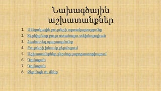 Նախագծային
աշխատանքներ
1. Սենյակային բույսերի օգտակարությունը
2. Տերևից նոր բույս ստանալու տեխնոլոգիան
3. Համատեղ պարապմունք
4. Բույսերի խնամք ջերմոցում
5. Աշխատանքներ ջերմոց-լաբորատորիայում
6. Դդմացան
7. Դդմացան
8. Ջերմոցն ու մենք
 