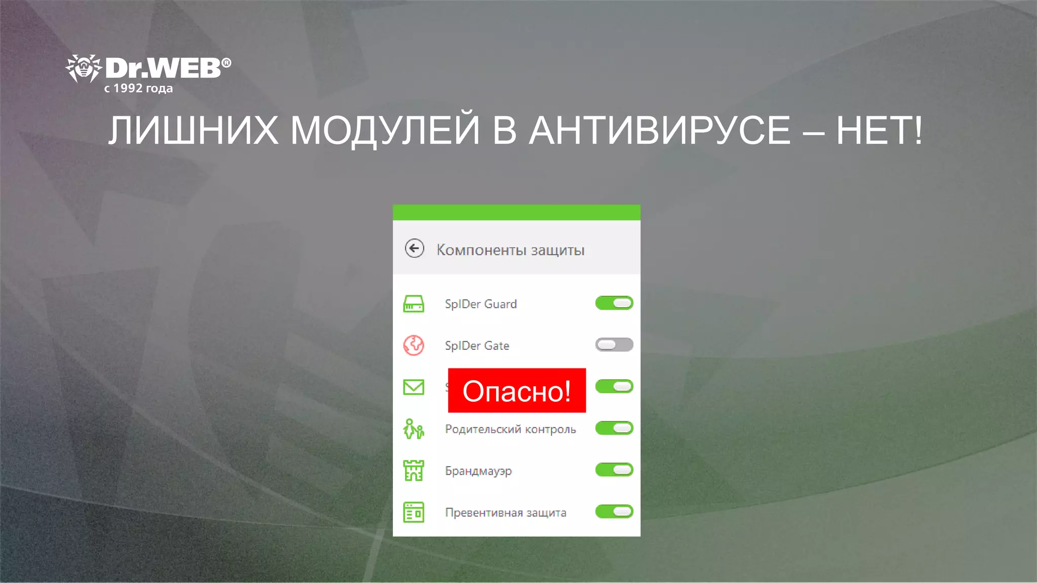 ЛИШНИХ МОДУЛЕЙ В АНТИВИРУСЕ – НЕТ!
Опасно!
 