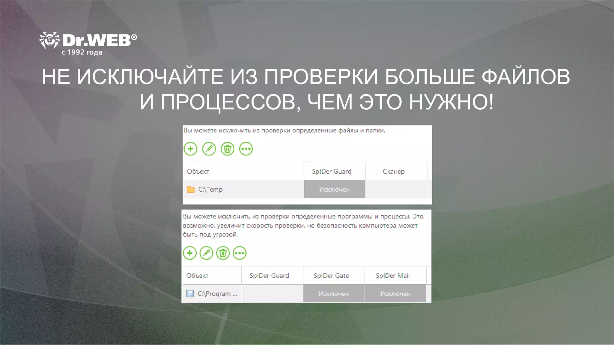 НЕ ИСКЛЮЧАЙТЕ ИЗ ПРОВЕРКИ БОЛЬШЕ ФАЙЛОВ
И ПРОЦЕССОВ, ЧЕМ ЭТО НУЖНО!
 