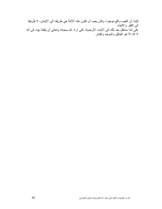30 ‫ﺍﻟﻜﻭﻨﻴﺔ‬ ‫ﺕ‬ ‫ﺍﻵﻴﺎ‬‫ﻭﺩﻻﻟ‬‫ﺘﻬﺎ ﻋﻠﻰ ﻭﺟﻮﺩ ﺍﷲ ﺗﻌﺎﻟﻰ‬-‫ﻣﺤﻤﺪ ﻣﺘﻮﻟﻲ ﺍﻟﺸﻌﺮﺍﻭﻱ‬
‫ﻁﺭﻴﻘﻨﺎ‬ ‫ﻻ‬ ،‫ﺍﻻﻴﻤﺎﻥ‬ ‫ﺍﻟﻰ‬ ‫ﻁﺭﻴﻘﻨﺎ‬ ‫ﻫﻲ‬ ‫ﺍﻷﺩﻟﺔ‬ ‫ﻫﺫﻩ‬ ‫ﺘﻜﻭﻥ‬ ‫ﺃﻥ‬ ‫ﻴﺠﺏ‬ ‫ﻭﻜﺎﻥ‬ ،‫ﻤﻭﺠﻭﺩ‬ ‫ﻭﺍﻗﻊ‬ ‫ﺍﻟﻐﻴﺏ‬ ‫ﺃﻥ‬ ‫ﺘﺜﺒﺕ‬
‫ﺍﻟﻰ‬‫ﻭﺍﻻﻟﺤﺎﺩ‬ ‫ﺍﻟﻜﻔﺭ‬.
‫ﺃﻨﻪ‬ ‫ﺍﻟﻰ‬ ،‫ﺒﻬﺎ‬ ‫ﻴﻠﻔﺘﻨﺎ‬ ‫ﺃﻥ‬ ‫ﻭﺘﻌﺎﻟﻰ‬ ‫ﺴﺒﺤﺎﻨﻪ‬ ‫ﺍﷲ‬ ‫ﺃﺭﺍﺩ‬ ‫ﺍﻟﺘﻲ‬ ،‫ﺍﻷﺭﻀﻴﺔ‬ ‫ﺍﻵﻴﺎﺕ‬ ‫ﺍﻟﻰ‬ ‫ﺫﻟﻙ‬ ‫ﺒﻌﺩ‬ ‫ﺴﻨﻨﺘﻘﻝ‬ ‫ﺃﻨﻨﺎ‬ ‫ﻋﻠﻰ‬
‫ﻭﺍﻟﻘﺎﺩﺭ‬ ‫ﻭﺍﻟﻤﻭﺠﺩ‬ ‫ﺍﻟﺨﺎﻟﻕ‬ ‫ﻫﻭ‬ ‫ﺍﻻ‬ ‫ﺍﻟﻪ‬ ‫ﻻ‬.
 