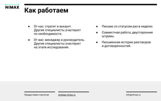Как работаем
strategy.nimax.ru info@nimax.ru
● Письмо со статусом раз в неделю.
● Совместная работа, двусторонние
штурмы.
● Письменная история разговоров
и договоренностей.
● От нас: стратег и аккаунт.
Другие специалисты участвуют
по необходимости.
● От вас: менеджер и руководитель.
Другие специалисты участвуют
на этапе исследования.
Продуктовая стратегия
 