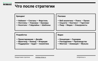 Что после стратегии
strategy.nimax.ru info@nimax.ruПродуктовая стратегия
Брендинг
— Нейминг — Слоганы — Фирстиль
— Логотипы — Упаковка — Баннеры
— Носители — Гайдлайны — Шаблоны
Реклама
— Веб-аналитика — Поиск — Промо
— Соцсети — Контекст — Таргетинг
— Пиар — Медиа — Спецпроекты
Разработка
— Проектирование — Дизайн
— Фронтенд — Бэкенд — Итерации
— Поддержка — Аудит — Аналитика
Видео
— Концепции — Сценарии
— Раскадровки — Производство
— Монтаж — Анимация — Музыка
 