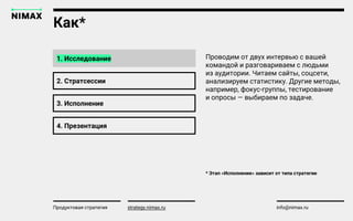 strategy.nimax.ru info@nimax.ru
1. Исследование
Продуктовая стратегия strategy.nimax.ru
Проводим от двух интервью с вашей
командой и разговариваем с людьми
из аудитории. Читаем сайты, соцсети,
анализируем статистику. Другие методы,
например, фокус-группы, тестирование
и опросы — выбираем по задаче.
Как*
* Этап «Исполнение» зависит от типа стратегии
2. Стратсессии
3. Исполнение
4. Презентация
strategy.nimax.ru
 