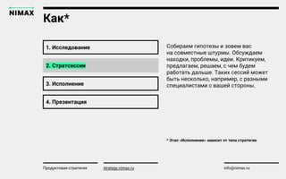 strategy.nimax.ru info@nimax.ru
1. Исследование
Продуктовая стратегия strategy.nimax.ru
Собираем гипотезы и зовем вас
на совместные штурмы. Обсуждаем
находки, проблемы, идеи. Критикуем,
предлагаем, решаем, с чем будем
работать дальше. Таких сессий может
быть несколько, например, с разными
специалистами с вашей стороны.
Как*
* Этап «Исполнение» зависит от типа стратегии
2. Стратсессии
3. Исполнение
4. Презентация
strategy.nimax.ru
 