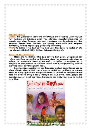 ∆ΡΑΣΤΗΡΙΟΤΗΤΑ 2Η
ΣΤΟΧΟΣ: Να γνωρίσουν µέσα από κατάλληλο εκπαιδευτικό υλικό τη ζωή
των παιδιών σε διάφορα µέρη του κόσµου, συνειδητοποιώντας ότι
παρόλο που είναι διαφορετικά στην εµφάνιση και δε µιλούν την ίδια
γλώσσα, έχουν ίδιες ανάγκες για τροφή, προστασία από καιρικές
συνθήκες, ιατρική περίθαλψη, µόρφωση και αγάπη.
ΥΛΙΚΑ: Το βιβλίο «Μια ζωή σαν τη δική µου. Πώς ζουν τα παιδιά σ’ όλο
τον κόσµο» (Unicef 2003, Αθήνα, Εκδόσεις Πατάκης).
∆ΙΕΞΑΓΩΓΗ ∆ΡΑΣΤΗΡΙΟΤΗΤΑΣ
Μέσα από το βιβλίο «Μια ζωή σαν τη δική µου», γνωρίσαµε τον
τρόπο που ζουν τα παιδιά σε διάφορα µέρη του κόσµου, πώς είναι τα
σπίτια, αν πηγαίνουν σχολείο και πού , τι τρώνε, τι φοράνε, µε τι
παίζουν, τι τους αρέσει να κάνουν, πόσο ίδιες ή διαφορετικές είναι οι
ανάγκες και οι συνθήκες ζωής τους.
Επισηµάναµε οµοιότητες και διαφορές καθώς συζητήσαµε για το
πόσο εύκολη είναι η ζωή για ορισµένα παιδιά σε αντίθεση µε κάποια
άλλα, τα προβλήµατα που αντιµετωπίζουν, τι µπορεί να σκέφτονται και
ποια να είναι τα όνειρα τους. Ύστερα απ’ όλα αυτά, καταλήξαµε στο
συµπέρασµα ότι παρά τις τόσες διαφορές που υπάρχουν όλα τα παιδιά
είναι ίδια.
 