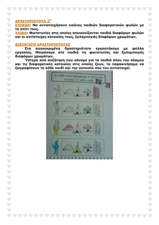 ∆ΡΑΣΤΗΡΙΟΤΗΤΑ 2Η
ΣΤΟΧΟΣ: Να αντιστοιχήσουν εικόνες παιδιών διαφορετικών φυλών µε
το σπίτι τους.
ΥΛΙΚΑ: Φωτοτυπίες στις οποίες απεικονίζονται παιδιά διαφόρων φυλών
και οι αντίστοιχες κατοικίες τους, ξυλοµπογιές διαφόρων χρωµάτων.
∆ΙΕΞΑΓΩΓΗ ∆ΡΑΣΤΗΡΙΟΤΗΤΑΣ
Στη συγκεκριµένη δραστηριότητα εργαστήκαµε µε φύλλα
εργασίας. Μοιράσαµε στα παιδιά τις φωτοτυπίες και ξυλοµπογιές
διαφόρων χρωµάτων.
Ύστερα από συζήτηση που κάναµε για τα παιδιά όλου του κόσµου
και τις διαφορετικές κατοικίες στις οποίες ζουν, τα παρακινήσαµε να
ζωγραφίσουν το κάθε παιδί και την κατοικία που του αντιστοιχεί.
 