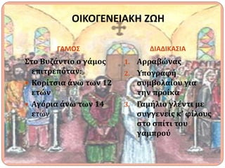ΟΙΚΟΓΕΝΕΙΑΚΗ ΖΩΗ
ΓΑΜΟΣ ΔΙΑΔΙΚΑΣΙΑ
Στο Βυζάντιο ο γάμος
επιτρεπόταν:
 Κορίτσια άνω των 12
ετών
 Αγόρια άνω των 14
ετών
1. Αρραβώνας
2. Υπογραφή
συμβολαίου για
την προίκα
3. Γαμήλιο γλέντι με
συγγενείς κ’ φίλους
στο σπίτι του
γαμπρού
 