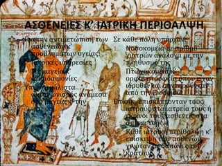 ΑΣΘΕΝΕΙΕΣ Κ’ ΙΑΤΡΙΚΗ ΠΕΡΙΘΑΛΨΗ
Για την αντιμετώπιση των
ασθενειών κ’
προβλημάτων υγείας:
 Ιατρικές υπηρεσίες
 Με μαγεία κ’
δεισιδαιμονίες
Υπήρχε μάλιστα
ανταγωνισμός ανάμεσα
στη μαγεία κ’ την
ιατρική.
Σε κάθε πόλη υπήρχαν:
1. Νοσοκομεία με αριθμό
γιατρών ανάλογα με την
πληθυσμό της
2. Πτωχοκομεία κ’
ορφανοτροφεία όπου είχαν
ιδρυθεί και συντηρούνταν
από την Εκκλησία
Επίσης, επισκέπτονταν τους
ιατρούς στα ιατρεία τους ή
εκείνοι τους ασθενείς στα
σπίτια τους.
1. Κάθε ιατρική περίθαλψη κ’
επίσκεψη των ασθενών
γινόταν με δαπάνες του
κράτους.
 