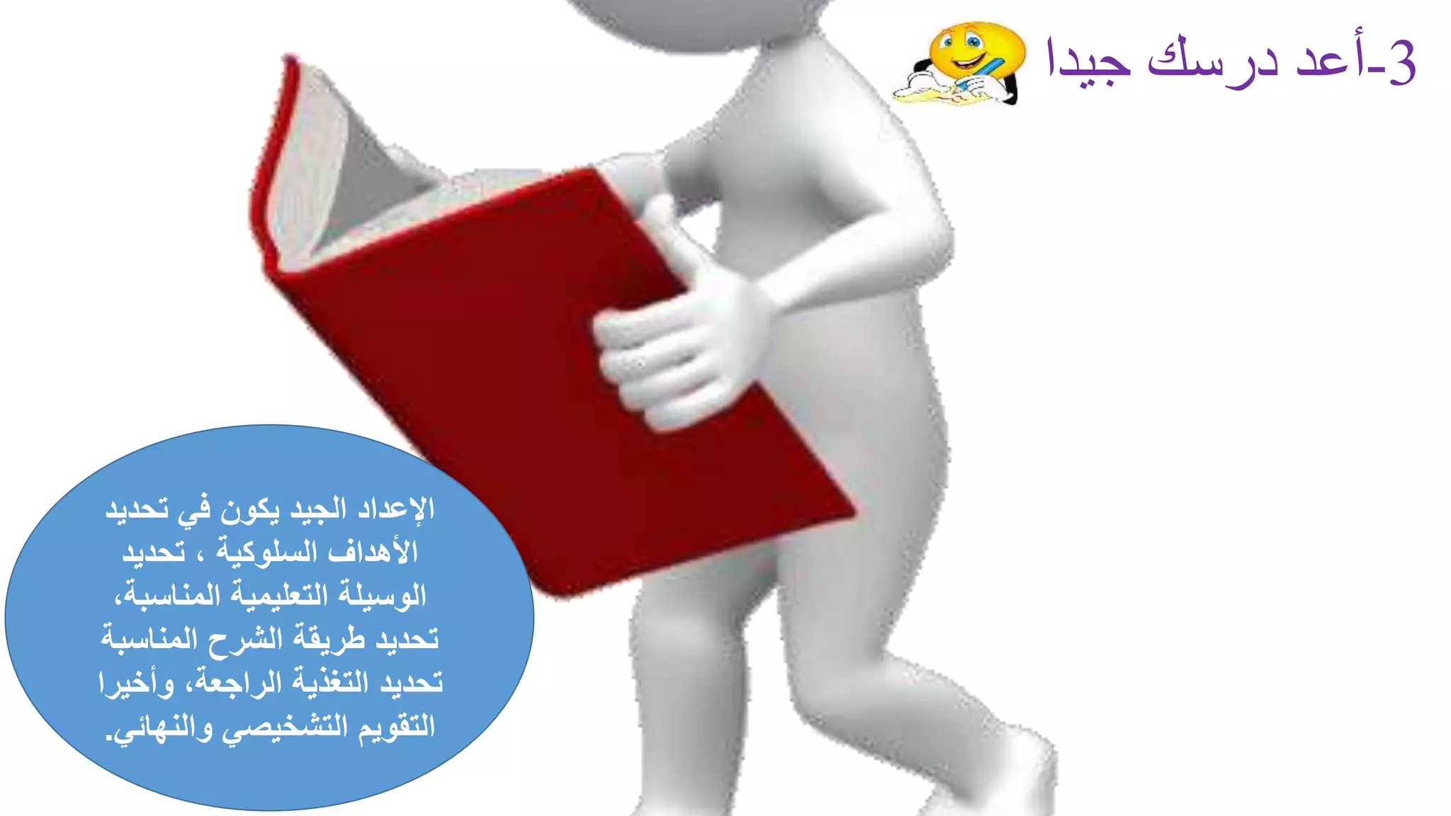 ‫تحدي‬ ‫في‬ ‫يكون‬ ‫الجيد‬ ‫اإلعداد‬‫د‬
‫تحديد‬ ، ‫السلوكية‬ ‫األهداف‬
‫المناس‬ ‫التعليمية‬ ‫الوسيلة‬،‫بة‬
‫المناس‬ ‫الشرح‬ ‫طريقة‬ ‫تحديد‬‫بة‬
‫وأخ‬ ،‫الراجعة‬ ‫التغذية‬ ‫تحديد‬‫يرا‬
‫والنه‬ ‫التشخيصي‬ ‫التقويم‬‫ائي‬.
3-‫جيدا‬ ‫درسك‬ ‫أعد‬
 