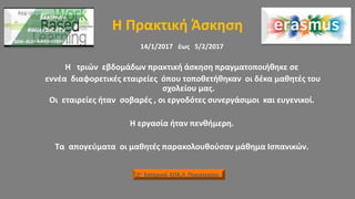 Η Πρακτική Άσκηση
14/1/2017 έως 5/2/2017
Η τριών εβδομάδων πρακτική άσκηση πραγματοποιήθηκε σε
εννέα διαφορετικές εταιρείες όπου τοποθετήθηκαν οι δέκα μαθητές του
σχολείου μας.
Οι εταιρείες ήταν σοβαρές , οι εργοδότες συνεργάσιμοι και ευγενικοί.
Η εργασία ήταν πενθήμερη.
Τα απογεύματα οι μαθητές παρακολουθούσαν μάθημα Ισπανικών.
2ο Εσπερινό ΕΠΑ.Λ Περιστερίου
 