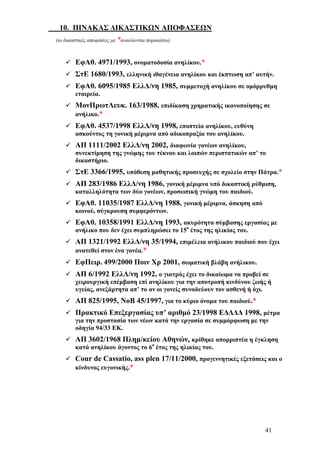 10. ΠΙΝΑΚΑΣ ΔΙΚΑΣΤΙΚΩΝ ΑΠΟΦΑΣΕΩΝ
(οι δικαστικές αποφάσεις με *αναλύονται παρακάτω)
ΕφΑθ. 4971/1993, ονοματοδοσία ανηλίκου.*
ΣτΕ 1680/1993, ελληνική ιθαγένεια ανηλίκου και έκπτωση απ’ αυτήν.
ΕφΑθ. 6095/1985 ΕλλΔ/νη 1985, συμμετοχή ανηλίκου σε ομόρρυθμη
εταιρεία.
ΜονΠρωτΛευκ. 163/1988, επιδίκαση χρηματικής ικανοποίησης σε
ανήλικο.*
ΕφΑθ. 4537/1998 ΕλλΔ/νη 1998, εποπτεία ανηλίκου, ευθύνη
ασκούντος τη γονική μέριμνα από αδικοπραξία του ανηλίκου.
ΑΠ 1111/2002 ΕλλΔ/νη 2002, διαφωνία γονέων ανηλίκου,
συνεκτίμηση της γνώμης του τέκνου και λοιπών περιστατικών απ’ το
δικαστήριο.
ΣτΕ 3366/1995, υπόθεση μαθητικής προσευχής σε σχολείο στην Πάτρα.*
ΑΠ 283/1986 ΕλλΔ/νη 1986, γονική μέριμνα υπό δικαστική ρύθμιση,
καταλληλότητα των δύο γονέων, προσωπική γνώμη του παιδιού.
ΕφΑθ. 11035/1987 ΕλλΔ/νη 1988, γονική μέριμνα, άσκηση από
κοινού, σύγκρουση συμφερόντων.
ΕφΑθ. 10358/1991 ΕλλΔ/νη 1993, ακυρότητα σύμβασης εργασίας με
ανήλικο που δεν έχει συμπληρώσει το 15ο
έτος της ηλικίας του.
ΑΠ 1321/1992 ΕλλΔ/νη 35/1994, επιμέλεια ανήλικου παιδιού που έχει
ανατεθεί στον ένα γονέα.*
ΕφΠειρ. 499/2000 Ποιν Χρ 2001, σωματική βλάβη ανήλικου.
ΑΠ 6/1992 ΕλλΔ/νη 1992, ο γιατρός έχει το δικαίωμα να προβεί σε
χειρουργική επέμβαση επί ανηλίκου για την αποτροπή κινδύνου ζωής ή
υγείας, ανεξάρτητα απ’ το αν οι γονείς συνοδεύουν τον ασθενή ή όχι.
ΑΠ 825/1995, ΝοΒ 45/1997, για το κύριο όνομα του παιδιού.*
Πρακτικό Επεξεργασίας υπ’ αριθμό 23/1998 ΕΔΔΔΔ 1998, μέτρα
για την προστασία των νέων κατά την εργασία σε συμμόρφωση με την
οδηγία 94/33 ΕΚ.
ΑΠ 3602/1968 Πλημ/κείου Αθηνών, κρίθηκε απορριπτέα η έγκληση
κατά ανηλίκου άγοντος το 6ο
έτος της ηλικίας του.
Cour de Cassatio, ass plen 17/11/2000, προγεννητικές εξετάσεις και ο
κίνδυνος ευγονικής.*
41
 