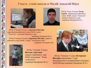 Участь учнів школи в Малій Академії Наук
2012р. Учениця 11 класу Кучеренко
Вікторія переможець І туру
Всеукраїнського інтерактивного конкурсу
МАН-Юніор (керівник Писаренко В.А.)
2016р. Учениця 10 класу Ахременко Вікторія
переможниця районного етапу МАН, секція
“ Екологія ”, учасниця обласного туру;
(керівник Писаренко В.А.)
2016р. Учениця 10 класу Ахременко Вікторія лауреат І
районного етапу МАН, секція “ Англійська мова ”
(керівник Роздерій А.В.)
2015р. Учениця 9 класу
Васечко Анастасія
лауреат І районного туру
МАН, відділення “ Хімія
та біологія ”
(керівник Писаренко В.А.)
2017р. Учень 10 класу Титар
Сергій переможець районного
етапу МАН, секція “ Екологія ”,
учасник обласного етапу
(керівник Писаренко В.А.)
 