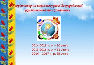 Координатор на шкільному рівні Всеукраїнської
українознавчої гри «Соняшник»
2014-2015 н. р. – 50 учнів
2015-2016 н. р. – 51 учень
2016 – 2017 н. р. 68 учнів
 