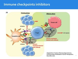 Immune checkpoints inhibitors
Adapted from Trends in Pharmacologic Sciences.
Coming of age of Antibodies in Cancer Therapeutics.
December 2016.
 