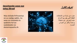 ‫الفكرة‬ ‫تعريف‬
Qeexitaanka waxa aya
tahay fikradi
‫النشاطات‬ ‫من‬ ‫سلسة‬ ‫عن‬ ‫عباره‬
‫الدم‬ ‫بها‬ ‫يقوم‬ ‫التىى‬ ‫العقلية‬‫اغ‬
‫استقبا‬ ‫يتم‬ ‫يتعرض‬ ‫عندما‬‫له‬
‫الحواس‬ ‫من‬ ‫اواكثر‬ ‫بواحدة‬
‫الخمسه‬.
Waa silsilado firfricooniya
oo uu caqligu qabto , ku
waas oo maskaxdu ku
qaabisho hal iyo
waxkabadan oo
dareemayaasha ah.
 
