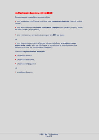 ΟΙ ΠΑΡΑΜΕΤΡΙΚΕΣ ΠΑΡΕΜΒΑΣΕΙΣ 2010 – 2016
Οι συγκεκριμένες παρεμβάσεις αποσκοπούσαν
 στην αναδιανομή εισοδήματος από όλους τους χαμηλοσυνταξιούχους (=αυτούς με λίγα
ένσημα),
 στην αναπλήρωση των συνεχώς μειούμενων εισφορών από κρατικούς πόρους, ακόμη
και από αυτοτελώς εργαζόμενους,
 στην επέκταση των ασφαλιστικών εισφορών στο 26% για όλους
και
 στην δημιουργία εντύπωσης εξαίρεσης «όσων πρόλαβαν», με επιβάρυνση των
μελλοντικών γενεών, κάτι που ήδη άρχισε να ανατρέπεται, με αποτέλεσμα να είναι
άγνωστο το μέλλον των «προσωπικών διαφορών».
Το σύστημα εξακολουθεί να παραμένει
 υπερβολικά κρατικό,
 υπερβολικά δεσμευτικό,
 υπερβολικά επιβαρυντικό
και
 υπερβολικά άκαμπτο.
© 2017 Δρ. Γ. Κ. Κασάπης
5 από 16
 