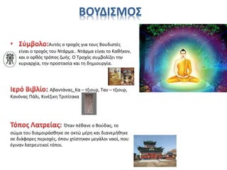 ΒΟΥΔΙΣΜΟΣ
Αυτός ο τροχός για τους Βουδιστές
είναι ο τροχός του Ντάρμα.. Ντάρμα είναι το Καθήκον,
και ο ορθός τρόπος ζωής. Ο Τροχός συμβολίζει την
κυριαρχία, την προστασία και τη δημιουργία.
Αβαντάνας, Κα – τζιουρ, Ταν – τζιουρ,
Κανόνας Πάλι, Κινέζικη Τριπίτακα
Όταν πέθανε ο Βούδας, το
σώµα του διαµοιράσθηκε σε οκτώ µέρη και διανεµήθηκε
σε διάφορες περιοχές, όπου χτίστηκαν µεγάλοι ναοί, που
έγιναν λατρευτικοί τόποι.
 