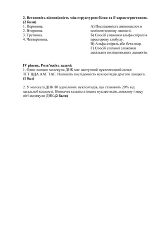 2. Встановіть відповідність між структурою білка та її характеристикою.
(2 бали)
1. Первинна.
2. Вторинна.
3. Третинна.
4. Четвертинна.
А) Послідовність амінокислот в
поліпептидному ланцюзі.
Б) Спосіб упаковки альфа-спіралі в
просторову глобулу.
В) Альфа-спіраль або бета-шар.
Г) Спосіб спільної упаковки
декількох поліпептидних ланцюгів.
ІV рівень. Розв’яжіть задачі:
1. Один ланцюг молекули ДНК має наступний нуклеотидний склад:
ТГТ ЦЦА ААГ ТАГ. Напишіть послідовність нуклеотидів другого ланцюга.
(1 бал)
2. У молекулі ДНК 80 аденілових нуклеотидів, що становить 20% від
загальної кількості. Визначте кількість інших нуклеотидів, довжину і масу
цієї молекули ДНК.(2 бали)
 