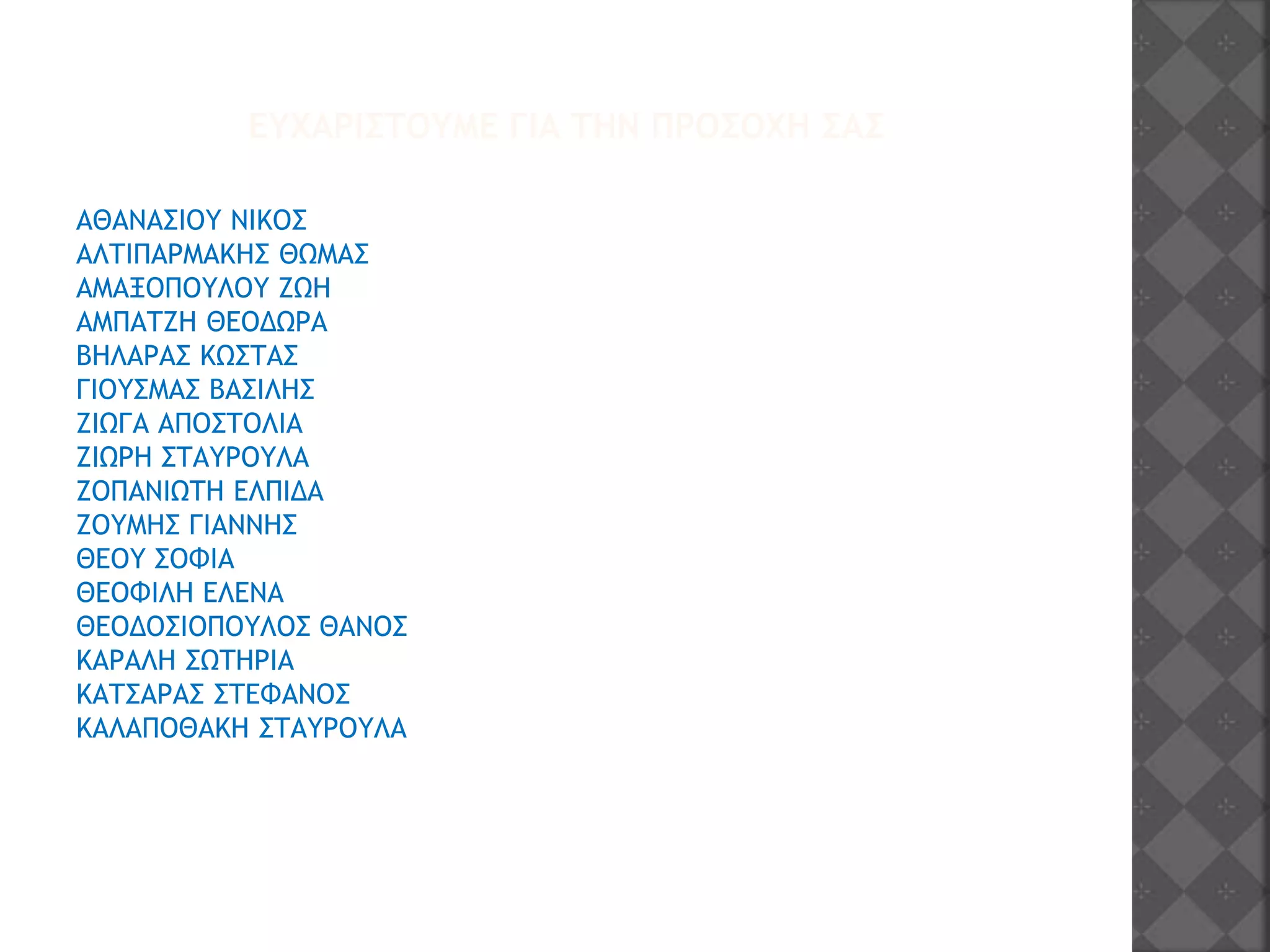 ΕΥΧΑΡΙΣΤΟΥΜΕ ΓΙΑ ΤΗΝ ΠΡΟΣΟΧΗ ΣΑΣ
ΑΘΑΝΑΣΙΟΥ ΝΙΚΟΣ
ΑΛΤΙΠΑΡΜΑΚΗΣ ΘΩΜΑΣ
ΑΜΑΞΟΠΟΥΛΟΥ ΖΩΗ
ΑΜΠΑΤΖΗ ΘΕΟΔΩΡΑ
ΒΗΛΑΡΑΣ ΚΩΣΤΑΣ
ΓΙΟΥΣΜΑΣ ΒΑΣΙΛΗΣ
ΖΙΩΓΑ ΑΠΟΣΤΟΛΙΑ
ΖΙΩΡΗ ΣΤΑΥΡΟΥΛΑ
ΖΟΠΑΝΙΩΤΗ ΕΛΠΙΔΑ
ΖΟΥΜΗΣ ΓΙΑΝΝΗΣ
ΘΕΟΥ ΣΟΦΙΑ
ΘΕΟΦΙΛΗ ΕΛΕΝΑ
ΘΕΟΔΟΣΙΟΠΟΥΛΟΣ ΘΑΝΟΣ
ΚΑΡΑΛΗ ΣΩΤΗΡΙΑ
ΚΑΤΣΑΡΑΣ ΣΤΕΦΑΝΟΣ
ΚΑΛΑΠΟΘΑΚΗ ΣΤΑΥΡΟΥΛΑ
 