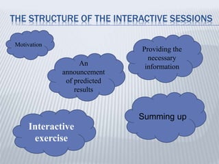 THE STRUCTURE OF THE INTERACTIVE SESSIONS
Motivation
An
announcement
of predicted
results
Interactive
exercise
Summing up
Providing the
necessary
information
 