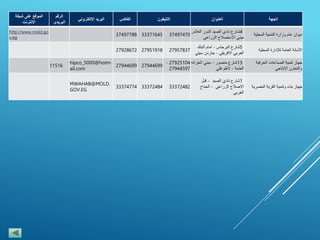 ‫الجهة‬‫العنوان‬‫التليفون‬‫الفاكس‬‫البريد‬‫اإللكتروني‬
‫الرقم‬
‫البريدى‬
‫الموقع‬‫على‬‫شبكة‬
‫االنترنت‬
‫ديوان‬‫عام‬‫وزارة‬‫التنمية‬‫المحلية‬
4‫شارع‬‫نادي‬‫الصيد‬‫الدور‬‫العاش‬‫ر‬
‫مبني‬‫االستصالح‬‫الزراعي‬
374974703337164537497788
http://www.mold.go
v.eg
‫األمانة‬‫العامة‬‫لإلدارة‬‫المحلية‬
5‫شارع‬‫البرجاس‬-‫امام‬‫البنك‬
‫العربي‬‫االفريقي‬-‫جاردن‬‫سي‬‫تي‬
279578372795191827928672
‫جهاز‬‫تنمية‬‫الصناعات‬‫الحرفية‬
‫والتعاون‬‫اإلنتاجي‬
13‫شارع‬‫منصور‬-‫مبني‬‫الخزان‬‫ه‬
‫العامة‬-‫الظوغلي‬
27925104-
27944597
2794469927944699
hipco_5000@hotm
ail.com
11516
‫جهاز‬‫بناء‬‫وتنمية‬‫القرية‬‫المصري‬‫ة‬
1‫شارع‬‫نادي‬‫الصيد‬-‫قبل‬
‫االصالح‬‫الزراعي‬-‫الجناح‬
‫الغربي‬
333724823337248433374774
MWAHAB@MOLD.
GOV.EG
 