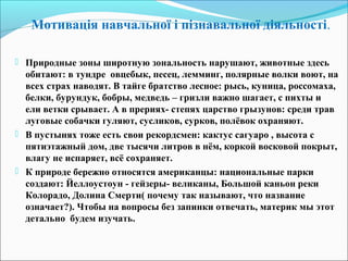  Природные зоны широтную зональность нарушают, животные здесь
обитают: в тундре овцебык, песец, лемминг, полярные волки воют, на
всех страх наводят. В тайге братство лесное: рысь, куница, россомаха,
белки, бурундук, бобры, медведь – гризли важно шагает, с пихты и
ели ветки срывает. А в прериях- степях царство грызунов: среди трав
луговые собачки гуляют, сусликов, сурков, полёвок охраняют.
 В пустынях тоже есть свои рекордсмен: кактус сагуаро , высота с
пятиэтажный дом, две тысячи литров в нём, коркой восковой покрыт,
влагу не испаряет, всё сохраняет.
 К природе бережно относятся американцы: национальные парки
создают: Йеллоустоун - гейзеры- великаны, Большой каньон реки
Колорадо, Долина Смерти( почему так называют, что название
означает?). Чтобы на вопросы без запинки отвечать, материк мы этот
детально будем изучать.
Мотивація навчальної і пізнавальної діяльності.
 