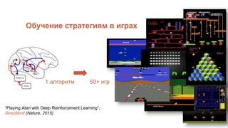 Обучение стратегиям в играх
“Playing Atari with Deep Reinforcement Learning”,
DeepMind (Nature, 2015)
1 алгоритм 50+ игр
 