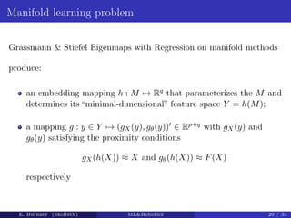 Manifold learning problem
Grassmann  Stiefel Eigenmaps with Regression on manifold methods
produce:
an embedding mapping h : M 7→ Rq that parameterizes the M and
determines its “minimal-dimensional” feature space Y = h(M);
a mapping g : y ∈ Y 7→ (gX(y), gθ(y))0 ∈ Rp+q with gX(y) and
gθ(y) satisfying the proximity conditions
gX(h(X)) ≈ X and gθ(h(X)) ≈ F(X)
respectively
E. Burnaev (Skoltech) MLRobotics 20 / 33
 