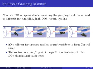 Nonlinear Grasping Manifold
Nonlinear 2D subspace allows describing the grasping hand motion and
is sufficient for controlling high DOF robotic systems
2D nonlinear features are used as control variables to form Control
space
The control function f : y → X maps 2D Control space to the
DOF-dimensional hand poses
E. Burnaev (Skoltech) MLRobotics 29 / 33
 