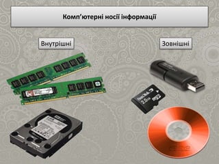 Комп’ютерні носії інформації
Внутрішні Зовнішні
 