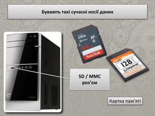 Бувають такі сучасні носії даних
Картка пам’яті
SD / MMC
роз’єм
 