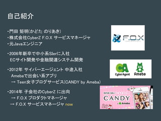 自己紹介
・門田 矩明(かどた のりあき)
・株式会社CyberZ F.O.X サービスマネージャ
・元Javaエンジニア
・2006年新卒で中小系SIerに入社
　ECサイト開発や金融関連システム開発
・2012年 サイバーエージェント 中途入社
Amebaで出会い系アプリ
→ Teen女子ブログサービス(CANDY by Ameba)
・2014年 子会社のCyberZ に出向
→ F.O.X プロダクトマネージャ
　→ F.O.X サービスマネージャ now
 