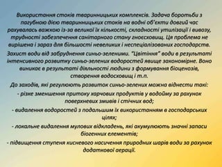 Використання стоків тваринницьких комплексів. Задача боротьби з
пагубною дією тваринницьких стоків на водні об’єкти довгий час
рахувалась важкою із-за великої їх кількості, складності утилізації і вивозу,
трудності забезпечення санітарного стану гноєсховищ. Ця проблема не
вирішена і зараз для більшості невеликих і неспеціалізованих господарств.
Захист води від забруднення синьо-зеленими. “Цвітіння” води в результаті
інтенсивного розвитку синьо-зелених водоростей явище закономірне. Воно
виникає в результаті діяльності людини з формування біоценозів,
створення водосховищ і т.п.
До заходів, які регулюють розвиток синьо-зелених можна віднести такі:
- різке зменшення притоку харчових продуктів у водойму за рахунок
поверхневих змивів і стічних вод;
- видалення водоростей з подальшим їх використанням в господарських
цілях;
- локальне видалення мулових відкладень, які акумулюють значні запаси
біогенних елементів;
- підвищення ступеня кисневого насичення природних шарів води за рахунок
додаткової аерації.
 