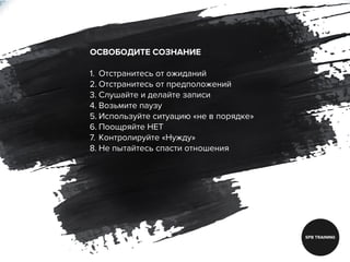 ОСВОБОДИТЕ СОЗНАНИЕ
1. Отстранитесь от ожиданий
2. Отстранитесь от предположений
3. Слушайте и делайте записи
4. Возьмите паузу
5. Используйте ситуацию «не в порядке»
6. Поощряйте НЕТ
7. Контролируйте «Нужду»
8. Не пытайтесь спасти отношения
 