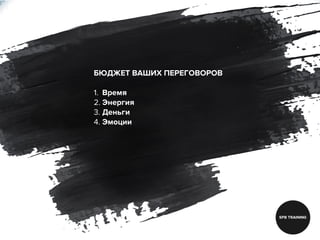БЮДЖЕТ ВАШИХ ПЕРЕГОВОРОВ
1. Время
2. Энергия
3. Деньги
4. Эмоции
 
