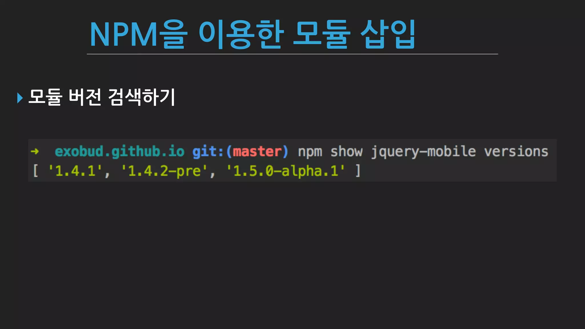 NPM을 이용한 모듈 삽입
▸ 모듈 버전 검색하기
 