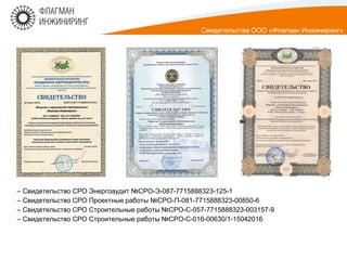 – Свидетельство СРО Энергоаудит №СРО-Э-087-7715888323-125-1
– Свидетельство СРО Проектные работы №СРО-П-081-7715888323-00850-6
– Свидетельство СРО Строительные работы №СРО-С-057-7715888323-003157-9
– Свидетельство СРО Строительные работы №СРО-С-016-00630/1-15042016
Свидетельства ООО «Флагман Инжиниринг»
 