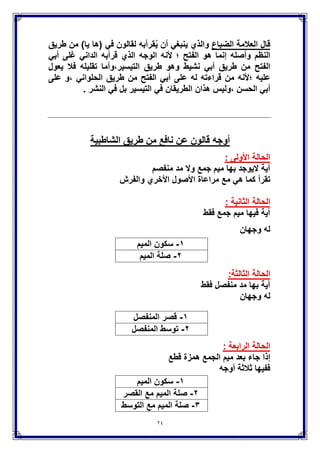 24
‫ال‬ ‫الحالة‬‫تاسعة‬
‫إجتماع‬‫التوراة‬‫منفصل‬ ‫المد‬ ‫مع‬‫مع‬‫الجمع‬ ‫مٌم‬
((َٰ‫ى‬َ‫ل‬َ‫ع‬ َ‫و‬ َ‫ك‬ٌَْ‫ل‬َ‫ع‬ ًِ‫ت‬َ‫م‬ْ‫ِع‬‫ن‬ ْ‫ر‬ُ‫ك‬ْ‫اذ‬ َ‫م‬ٌَ ْ‫ر‬َ‫م‬ َ‫ن‬ْ‫ب‬‫ا‬ ‫ى‬َ‫س‬ٌِ‫ع‬ ‫ا‬ٌَ ُ َّ‫هللا‬ َ‫ل‬‫ا‬َ‫ق‬ ْ‫ذ‬ِ‫إ‬
ۖ ً‫َل‬ْ‫ه‬َ‫ك‬ َ‫و‬ ِ‫د‬ْ‫ه‬َ‫م‬ْ‫ل‬‫ا‬ ًِ‫ف‬ َ‫اس‬َّ‫ن‬‫ال‬ ُ‫م‬ِّ‫ل‬َ‫ك‬ُ‫ت‬ ِ‫ُس‬‫د‬ُ‫ق‬ْ‫ل‬‫ا‬ ِ‫وح‬ُ‫ر‬ِ‫ب‬ َ‫ك‬ُّ‫ت‬‫د‬ٌََّ‫أ‬ ْ‫ذ‬ِ‫إ‬ َ‫ك‬ِ‫ت‬َ‫د‬ِ‫ل‬‫ا‬ َ‫و‬
َ‫ة‬َ‫م‬ْ‫ِك‬‫ح‬ْ‫ل‬‫ا‬ َ‫و‬ َ‫اب‬َ‫ت‬ِ‫ك‬ْ‫ل‬‫ا‬ َ‫ك‬ُ‫ت‬ْ‫م‬َّ‫ل‬َ‫ع‬ ْ‫ذ‬ِ‫إ‬ َ‫و‬َ‫ة‬‫ا‬َ‫ر‬ ْ‫و‬َّ‫ت‬‫ال‬ َ‫و‬َ‫ت‬ ْ‫ذ‬ِ‫إ‬ َ‫و‬ ۖ َ‫ل‬ٌِ‫ج‬‫ن‬ِ ْ‫اإل‬ َ‫و‬ُ‫ق‬ُ‫ل‬ ْ‫خ‬
ۖ ًِ‫ن‬ْ‫ذ‬ِ‫إ‬ِ‫ب‬ ‫ا‬ً‫ر‬ٌَْ‫ط‬ ُ‫ون‬ُ‫ك‬َ‫ت‬َ‫ف‬ ‫ا‬َ‫ه‬ٌِ‫ف‬ ُ‫خ‬ُ‫ف‬‫ن‬َ‫ت‬َ‫ف‬ ًِ‫ن‬ْ‫ذ‬ِ‫إ‬ِ‫ب‬ ِ‫ر‬ٌَّْ‫ط‬‫ال‬ ِ‫ة‬َ‫ئ‬ٌَْ‫ه‬َ‫ك‬ ِ‫ٌن‬ِّ‫ط‬‫ال‬ َ‫ِن‬‫م‬
ۖ ًِ‫ن‬ْ‫ذ‬ِ‫إ‬ِ‫ب‬ َٰ‫ى‬َ‫ت‬ ْ‫و‬َ‫م‬ْ‫ل‬‫ا‬ ُ‫ج‬ِ‫ر‬ ْ‫خ‬ُ‫ت‬ ْ‫ذ‬ِ‫إ‬ َ‫و‬ ۖ ًِ‫ن‬ْ‫ذ‬ِ‫إ‬ِ‫ب‬ َ‫ص‬َ‫ر‬ْ‫ب‬َ ْ‫اْل‬ َ‫و‬ َ‫ه‬َ‫م‬ْ‫ك‬َ ْ‫اْل‬ ُ‫ئ‬ِ‫ر‬ْ‫ب‬ُ‫ت‬ َ‫و‬
ُ‫ت‬ْ‫ف‬َ‫ف‬َ‫ك‬ ْ‫ذ‬ِ‫إ‬ َ‫و‬َ‫ل‬ٌِ‫ئ‬‫ا‬َ‫ر‬ْ‫س‬ِ‫إ‬ ًِ‫ن‬َ‫ب‬ْ‫ذ‬ِ‫إ‬ َ‫ك‬‫ن‬َ‫ع‬‫م‬ُ‫ه‬َ‫ت‬ْ‫ئ‬ِ‫ج‬َ‫ٌِن‬‫ذ‬َّ‫ل‬‫ا‬ َ‫ل‬‫ا‬َ‫ق‬َ‫ف‬ ِ‫ت‬‫ا‬َ‫ن‬ٌَِّ‫ب‬ْ‫ل‬‫ا‬ِ‫ب‬
‫وا‬ُ‫ر‬َ‫ف‬َ‫ك‬ْ‫ن‬ِ‫إ‬ ْ‫م‬ُ‫ه‬ْ‫ن‬ِ‫م‬ََٰ‫ه‬َّ‫َل‬ِ‫إ‬ ‫ا‬َ‫ذ‬ٌ‫ٌن‬ِ‫ب‬ُّ‫م‬ ٌ‫ر‬ ْ‫ح‬ِ‫س‬))‫المائدة‬ٔٔٓ
‫ملحوظة‬
(ْ‫ن‬ِ‫إ‬ ْ‫م‬ُ‫ه‬ْ‫ن‬ِ‫م‬)‫الـ‬ ‫الوجه‬ ً‫ف‬ ‫التوسط‬ ‫مع‬ ‫الصلة‬ ‫فٌها‬ٗ‫والـ‬8‫المٌم‬ ‫بعد‬ ‫ْلن‬
‫همزة‬
‫التوراة‬‫المنفصل‬ ‫المد‬‫الجمع‬ ‫مٌم‬‫الممتنع‬
‫فتح‬‫قصر‬‫سكون‬‫ممتنع‬
‫فتح‬‫قصر‬‫صلة‬--------------
‫فتح‬‫توسط‬‫سكون‬--------------
‫فتح‬‫توسط‬‫صلة‬‫ممتنع‬
‫تقلٌل‬‫قصر‬‫سكون‬--------------
‫تقلٌل‬‫قصر‬‫صلة‬‫ممتنع‬
‫تقلٌل‬‫توسط‬‫سكون‬--------------
‫تقلٌل‬‫توسط‬‫صلة‬--------------
 