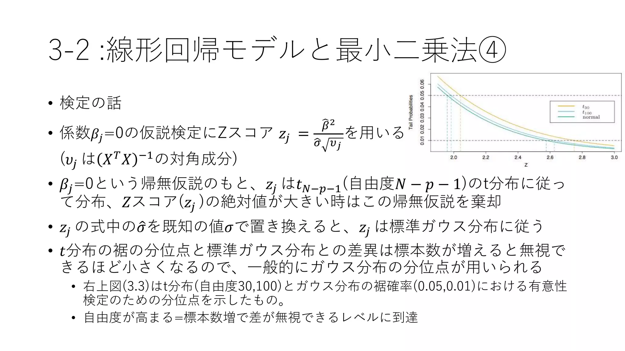 3-2 :線形回帰モデルと最小二乗法④
• 検定の話
• 係数 𝛽𝑗=0の仮説検定にZスコア 𝑧𝑗 =
𝛽2
𝜎 𝜐 𝑗
を用いる
(𝜐𝑗 は 𝑋 𝑇 𝑋 −1の対角成分)
• 𝛽𝑗=0という帰無仮説のもと、𝑧𝑗 は𝑡 𝑁−𝑝−1(自由度𝑁 − 𝑝 − 1)のt分布に従っ
て分布、𝑍スコア(𝑧𝑗 )の絶対値が大きい時はこの帰無仮説を棄却
• 𝑧𝑗 の式中の 𝜎を既知の値𝜎で置き換えると、𝑧𝑗 は標準ガウス分布に従う
• 𝑡分布の裾の分位点と標準ガウス分布との差異は標本数が増えると無視で
きるほど小さくなるので、一般的にガウス分布の分位点が用いられる
• 右上図(3.3)はt分布(自由度30,100)とガウス分布の裾確率(0.05,0.01)における有意性
検定のための分位点を示したもの。
• 自由度が高まる=標本数増で差が無視できるレベルに到達
 