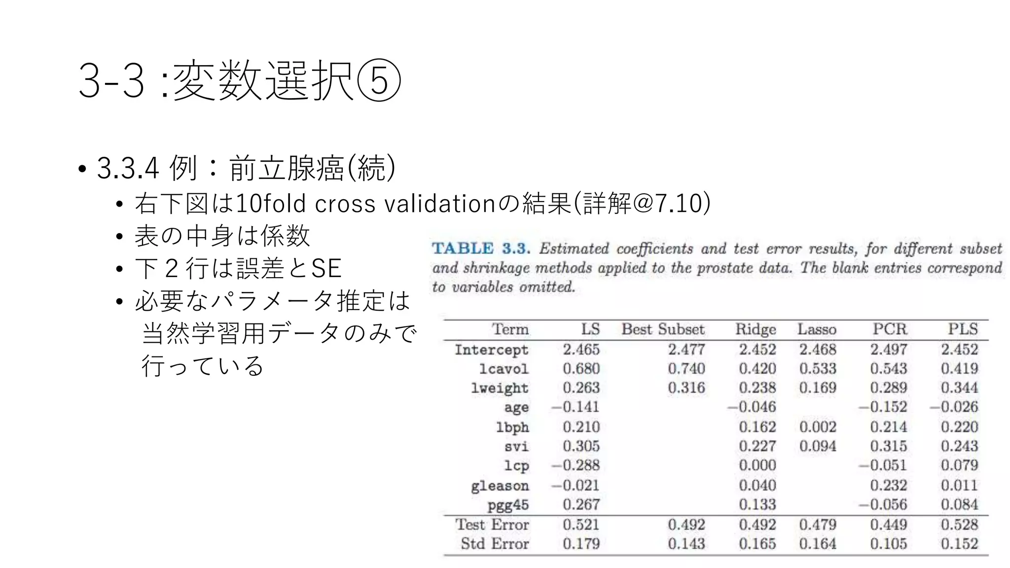 3-3 :変数選択⑤
• 3.3.4 例：前立腺癌(続)
• 右下図は10fold cross validationの結果(詳解@7.10)
• 表の中身は係数
• 下２行は誤差とSE
• 必要なパラメータ推定は
当然学習用データのみで
行っている
 