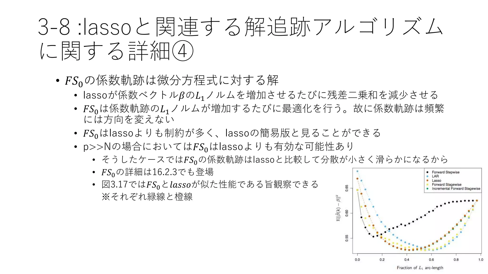 3-8 :lassoと関連する解追跡アルゴリズム
に関する詳細④
• 𝐹𝑆0の係数軌跡は微分方程式に対する解
• lassoが係数ベクトル𝛽の𝐿1ノルムを増加させるたびに残差二乗和を減少させる
• 𝐹𝑆0は係数軌跡の𝐿1ノルムが増加するたびに最適化を行う。故に係数軌跡は頻繁
には方向を変えない
• 𝐹𝑆0はlassoよりも制約が多く、lassoの簡易版と見ることができる
• p>>Nの場合においては𝐹𝑆0はlassoよりも有効な可能性あり
• そうしたケースでは𝐹𝑆0の係数軌跡はlassoと比較して分散が小さく滑らかになるから
• 𝐹𝑆0の詳細は16.2.3でも登場
• 図3.17では𝐹𝑆0と𝑙𝑎𝑠𝑠𝑜が似た性能である旨観察できる
※それぞれ緑線と橙線
 