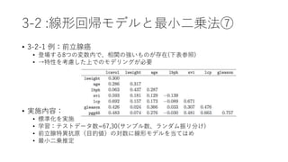 3-2 :線形回帰モデルと最小二乗法⑦
• 3-2-1 例：前立腺癌
• 登場する8つの変数内で、相関の強いものが存在(下表参照)
• →特性を考慮した上でのモデリングが必要
• 実施内容：
• 標準化を実施
• 学習：テストデータ数=67,30(サンプル数、ランダム振り分け)
• 前立腺特異抗原（目的値）の対数に線形モデルを当てはめ
• 最小二乗推定
 