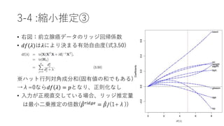 3-4 :縮小推定③
• 右図：前立腺癌データのリッジ回帰係数
• 𝑑𝑓(𝜆)は𝜆により決まる有効自由度(式3.50)
※ハット行列対角成分和(固有値の和でもある)
→λ=0なら𝑑𝑓 𝜆 = 𝑝となり、正則化なし
• 入力が正規直交している場合、リッジ推定量
は最小二乗推定の倍数( 𝛽 𝑟𝑖𝑑𝑔𝑒 = 𝛽/(1+λ))
 