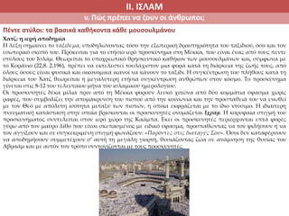 ΙΙ. ΙΣΛΑΜ
v. Πώς πρέπει να ζουν οι άνθρωποι;
Πέντε στύλοι: τα βασικά καθήκοντα κάθε μουσουλμάνου
Χατζ: η ιερή αποδημία
Η λέξη σημαίνει το ταξίδεμα, υποδηλώνοντας τόσο την εξωτερική δραστηριότητα του ταξιδιού, όσο και τον
εσωτερικό σκοπό του. Πρόκειται για το ετήσιο ιερό προσκύνημα στη Μέκκα, που είναι ένας από τους πέντε
στύλους του Ισλάμ. Θεωρείται το υποχρεωτικό θρησκευτικό καθήκον των μουσουλμάνων και, σύμφωνα με
το Κοράνιο (22,8. 2,196), πρέπει να εκτελεστεί τουλάχιστον μια φορά κατά τη διάρκεια της ζωής τους, από
όλους όσους είναι φυσικά και οικονομικά ικανοί να κάνουν το ταξίδι. Η συγκέντρωση του πλήθους κατά τη
διάρκεια του Χατζ θεωρείται η μεγαλύτερη ετήσια συγκέντρωση ανθρώπων στον κόσμο. Το προσκύνημα
γίνεται στις 8-12 του τελευταίου μήνα του ισλαμικού ημερολογίου.
Οι προσκυνητές δέκα μίλια πριν από τη Μέκκα φορούν λευκό χιτώνα από δύο κομμάτια ύφασμα χωρίς
ραφές, που συμβολίζει την απομάκρυνση του πιστού από την κοινωνία και την προσπάθειά του να ενωθεί
με τον Θεό με απόλυτη ισότητα μεταξύ των πιστών, η οποία εκφράζεται με το ίδιο ντύσιμο. Η ιδιαίτερη
πνευματική κατάσταση στην οποία βρίσκονται οι προσκυνητές ονομάζεται Ιχράμ. Η κορυφαία στιγμή του
προσκυνήματος συντελείται στον ιερό χώρο της Καάμπα. Εκεί οι προσκυνητές περιέρχονται επτά φορές
γύρω από τον μαύρο λίθο που είναι σκεπασμένος με ειδικό ύφασμα, προσπαθώντας να τον φιλήσουν ή να
τον αγγίξουν και σε συγκεκριμένη στιγμή φωνάζουν: «Παρόντες στις διαταγές Σου». Όσοι δεν καταφέρνουν
να αποδημήσουν συμμετέχουν σ’ αυτή τη μεγάλη γιορτή, θυσιάζοντας ζώα σε ανάμνηση της θυσίας του
Αβραάμ και με αυτόν τον τρόπο συντονίζονται με τους προσκυνητές.
 