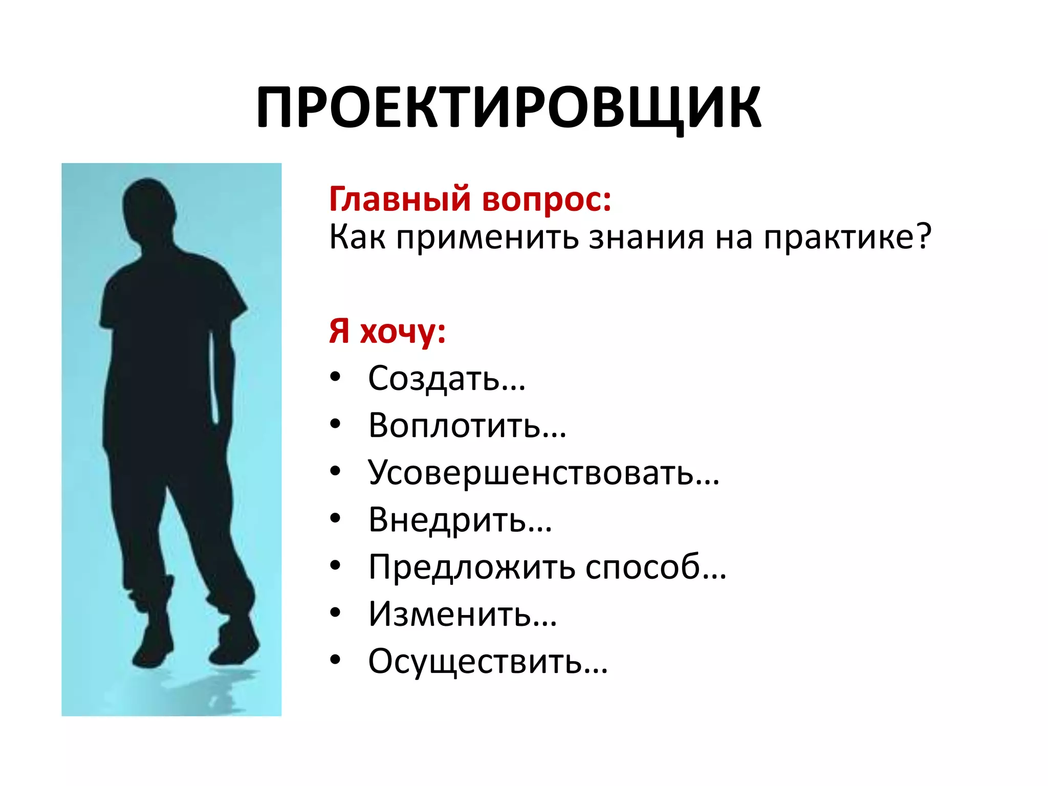ПРОЕКТИРОВЩИК
Главный вопрос:
Как применить знания на практике?
Я хочу:
• Создать…
• Воплотить…
• Усовершенствовать…
• Внедрить…
• Предложить способ…
• Изменить…
• Осуществить…
 
