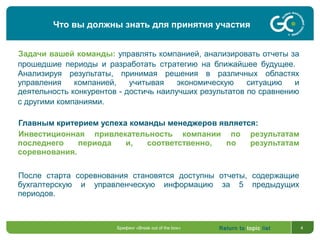 Return to topic list 4
Задачи вашей команды: управлять компанией, анализировать отчеты за
прошедшие периоды и разработать стратегию на ближайшее будущее.
Анализируя результаты, принимая решения в различных областях
управления компанией, учитывая экономическую ситуацию и
деятельность конкурентов - достичь наилучших результатов по сравнению
с другими компаниями.
Главным критерием успеха команды менеджеров является:
Инвестиционная привлекательность компании по результатам
последнего периода и, соответственно, по результатам
соревнования.
После старта соревнования становятся доступны отчеты, содержащие
бухгалтерскую и управленческую информацию за 5 предыдущих
периодов.
Что вы должны знать для принятия участия
Брифинг «Break out of the box»
 