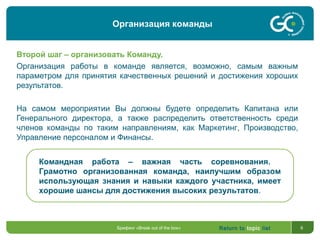 Return to topic list 6
Второй шаг – организовать Команду.
Организация работы в команде является, возможно, самым важным
параметром для принятия качественных решений и достижения хороших
результатов.
На самом мероприятии Вы должны будете определить Капитана или
Генерального директора, а также распределить ответственность среди
членов команды по таким направлениям, как Маркетинг, Производство,
Управление персоналом и Финансы.
Командная работа – важная часть соревнования.
Грамотно организованная команда, наилучшим образом
использующая знания и навыки каждого участника, имеет
хорошие шансы для достижения высоких результатов.
Организация команды
Брифинг «Break out of the box»
 